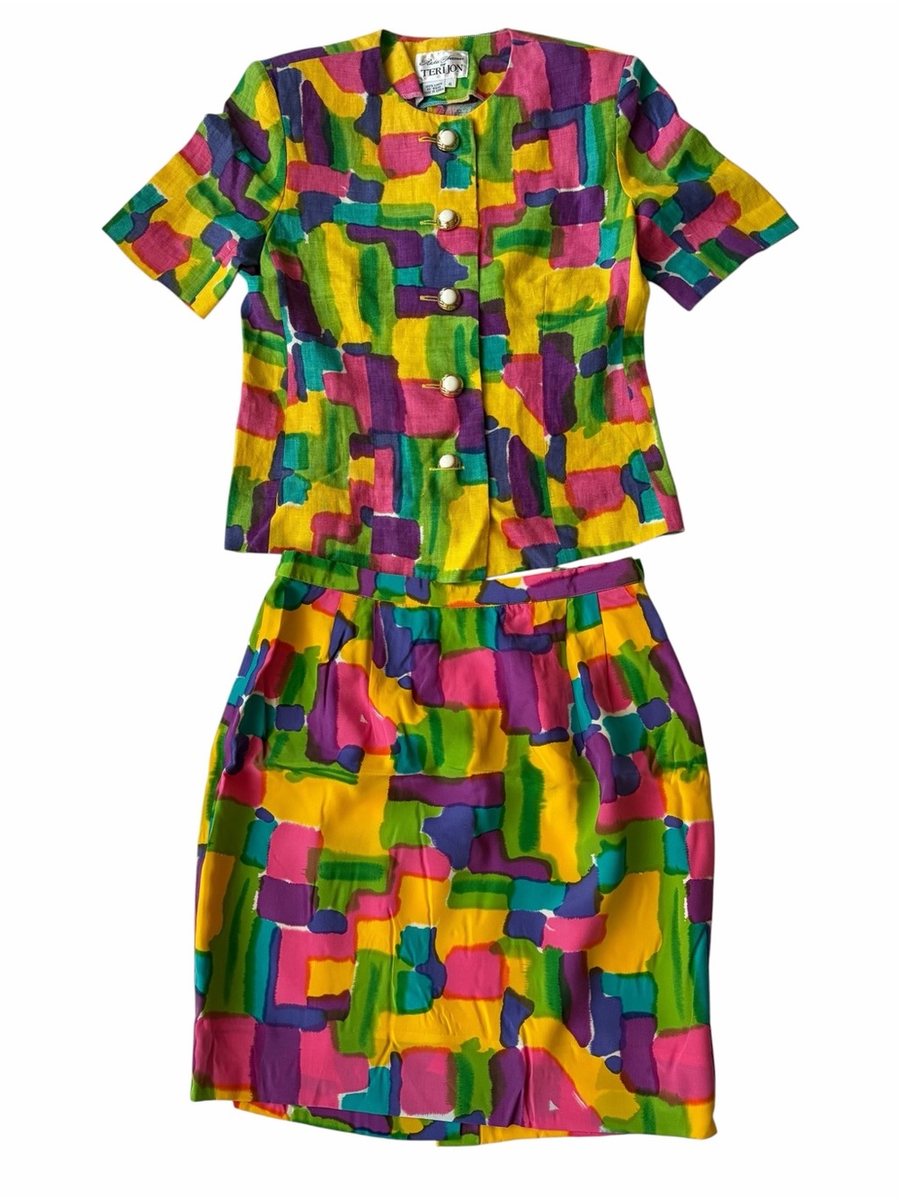 VTG Rickie Freeman for Teri Jon Silk Linen Skirt Set Abstract Colorblock 6